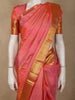 Soft Coral Pink Stripes and Peacock Zari Woven Design Pure Kanchipuram Silk Saree with Zari Border