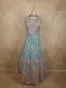 Soft Dusty Blue Floral Thread and Mirror Embroidered Design Net Anarkali Gown with Dupatta