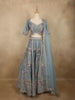 Soft Dusty Ice Blue Floral Zari and Mirror Embroidered Design Net Lehenga With Net Dupatta