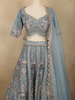 Soft Dusty Ice Blue Floral Zari and Mirror Embroidered Design Net Lehenga With Net Dupatta