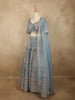 Soft Dusty Ice Blue Floral Zari and Mirror Embroidered Design Net Lehenga With Net Dupatta