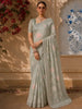 Soft Dusty Sage Green Floral Printed Design Chiffon Fancy Saree with Thread Work Border