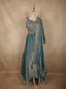 Soft Dusty Teal Blue Floral Thread Embroidered Design Organza Gown with Dupatta