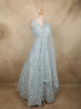 Soft Ice Mint Blue Floral Thread and Mirror Embroidered Design Net Anarkali Gown with Dupatta