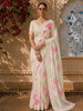 Soft Ivory Bold Floral Motif Printed Design Chiffon Fancy Saree with Thread Work Border