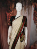 Soft Ivory Checked Woven Design Pure Kanchipuram Silk Saree with Contrast Multicolor Zari Border