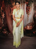 Soft Ivory Checked Zari Woven Design Pure Kanchipuram Silk Saree with Contrast Floral Butta Border