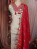 Soft Ivory Cream Mirror Embroidered Design Tissue Silk Unstitched Salwar Material with Contrast Dupatta