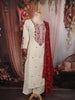 Soft Ivory Floral Thread Embroidered Design Cotton Straight Cut Salwar Suit with Contrast Dupatta