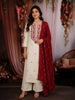 Soft Ivory Floral Thread Embroidered Design Cotton Straight Cut Salwar Suit with Contrast Dupatta