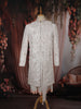 Soft Ivory Floral Thread Embroidered and Stone Embellished Design Silk Sherwani Suit