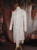 Soft Ivory Floral Thread Embroidered and Stone Embellished Design Silk Sherwani Suit