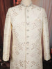 Soft Ivory Floral Vine Thread Embroidered Design Jacquard Indo Western Men's Sherwani Suit