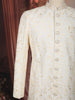 Soft Ivory Floral Vine Thread Embroidered Design Jacquard Sherwani Suit