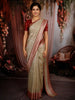 Soft Ivory Floral Zari  Embroidered Design Pure Tussar Party Wear Saree with Contrast Woven Border