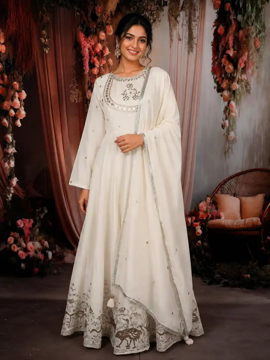 Soft Ivory Mirror Embroidered Design Pure Cotton Long Anarkali Gown with Matching Dupatta