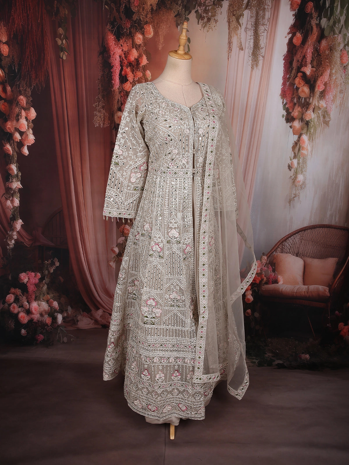 Soft Ivory Pearl White Floral Thread Embroidered Design Net Bridesmaid Gown  with Dupatta