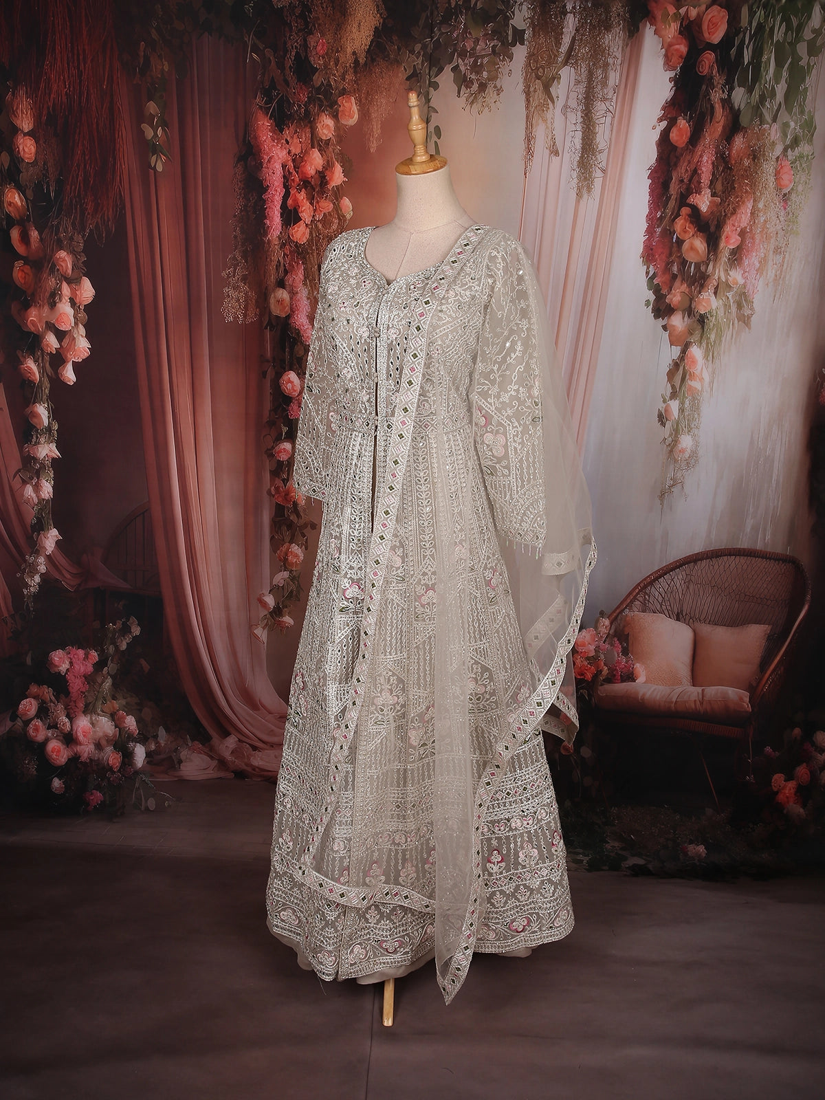 Soft Ivory Pearl White Floral Thread Embroidered Design Net Bridesmaid Gown  with Dupatta