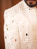 Soft Ivory White Geometric Mirror Embroidered Design Cotton Men's Sherwani Suit with Matching Pant