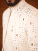 Soft Ivory White Geometric Mirror Embroidered Design Cotton Men's Sherwani Suit with Matching Pant
