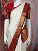 Soft Ivory White Peacock Butta Zari Woven Design Pure Kanchipuram Silk Saree with Contrast Motif Zari Border