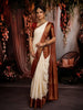 Soft Ivory White Peacock Butta Zari Woven Design Pure Kanchipuram Silk Saree with Contrast Motif Zari Border