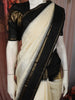 Soft Ivory White Woven Design Pure Kanchipuram Silk Saree with Contrast Temple Zari Border