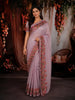 Soft Lilac Striped Zari Embroidered Design Pure Tissue Silk Party Wear Saree with Birds Motif Thread Work Border