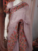 Soft Lilac Striped Zari Embroidered Design Pure Tissue Silk Party Wear Saree with Birds Motif Thread Work Border