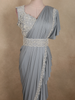 Soft Misty Grey Solid Design Satin Ruffled Layered Drape Ready to Wear Draped Saree with Designer Hip Belt and  Blouse