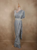 Soft Misty Grey Solid Design Satin Ruffled Layered Drape Ready to Wear Draped Saree with Designer Hip Belt and  Blouse
