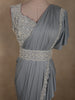 Soft Misty Grey Solid Design Satin Ruffled Layered Drape Ready to Wear Draped Saree with Designer Hip Belt and  Blouse