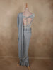 Soft Misty Grey Solid Design Satin Ruffled Layered Drape Ready to Wear Draped Saree with Designer Hip Belt and  Blouse