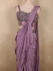 Soft Muted Mauve Lavender Solid Design Satin Ready To Wear Saree with Designer Blouse