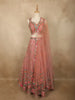 Soft Peach Blossom Floral Thread and Mirror Embroidered Design Net Designer Lehenga With Net Dupatta