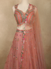 Soft Peach Blossom Floral Thread and Mirror Embroidered Design Net Designer Lehenga With Net Dupatta