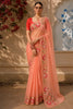 Soft Peach Coral Floral Thread Embroidered Design Net Fancy Saree with Floral Border