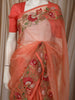 Soft Peach Coral Floral Thread Embroidered Design Net Fancy Saree with Floral Border