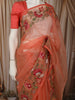 Soft Peach Coral Floral Thread Embroidered Design Net Fancy Saree with Floral Border