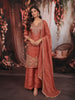 Soft Peach Floral Sequins and Beads Embroidered Design Tissue Silk Straight Cut Salwar Suit with Matching Dupatta