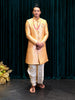 Soft Peach Floral Zari Woven Design Semi Silk Sherwani Set with Pocket Brooch