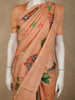 Soft Peach Floral and Peacock Woven Design Pure Tussar Saree with Elephant Woven Border