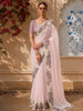 Soft Peach Pink Striped Zari Woven Design Pure Tissue Organza Fancy Saree with Contrast Birds Motif Border