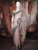 Soft Peach Pink Striped Zari Woven Design Pure Tissue Organza Fancy Saree with Contrast Birds Motif Border