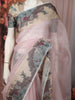 Soft Peach Pink Striped Zari Woven Design Pure Tissue Organza Fancy Saree with Contrast Birds Motif Border