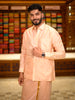 Soft Peach Solid Woven Design Semi Silk Full-Sleeve Shirt with Matching Dhoti Set