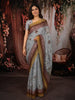 Soft Pearl Grey Floral Vine Thread Embroidered Design Pure Tussar Silk Fancy Saree with Contrast Border