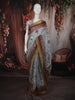 Soft Pearl Grey Floral Vine Thread Embroidered Design Pure Tussar Silk Fancy Saree with Contrast Border
