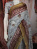 Soft Pearl Grey Floral Vine Thread Embroidered Design Pure Tussar Silk Fancy Saree with Contrast Border