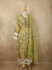 Soft Pistachio Olive Green Floral Printed Design Cotton Anarkali Salwar Suit with Dupatta